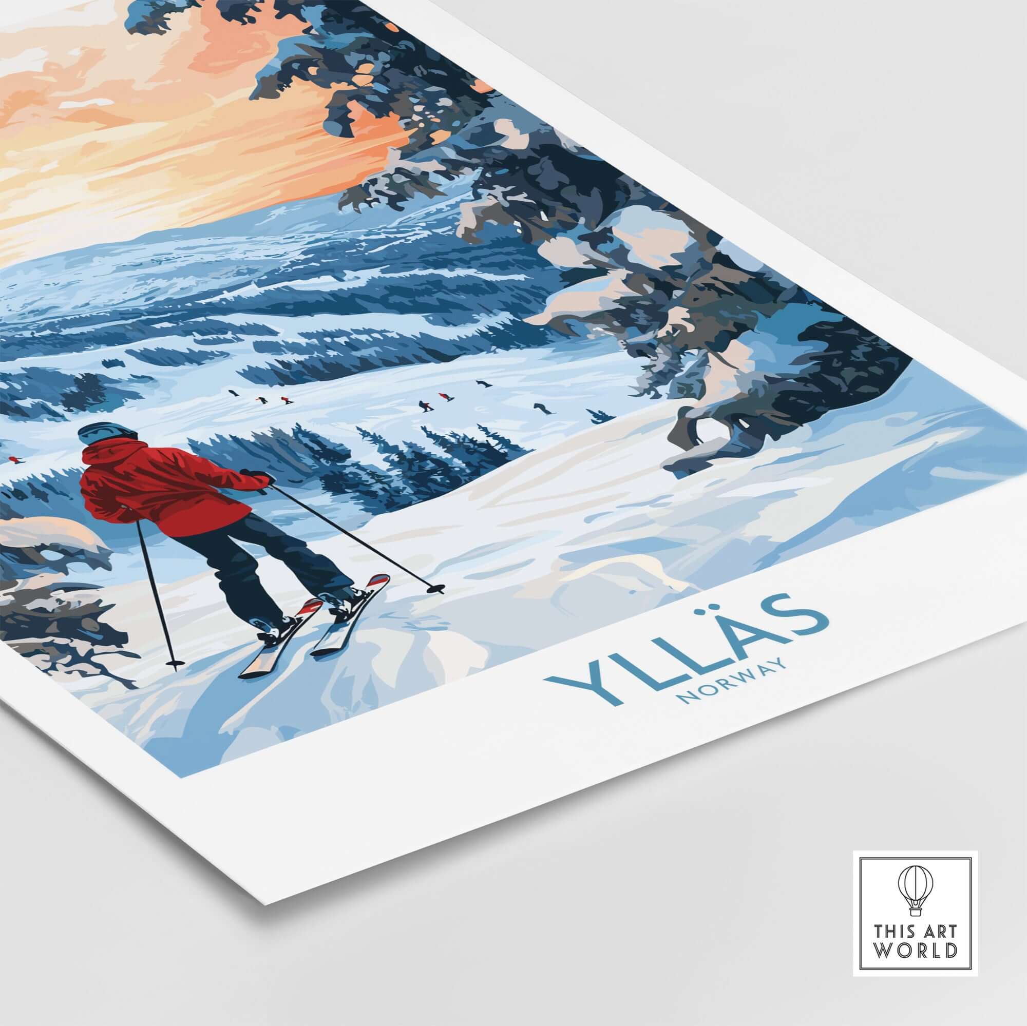 Ylläs Norway wall art featuring a skier on snowy slopes during sunset, capturing winter adventure and outdoor beauty.