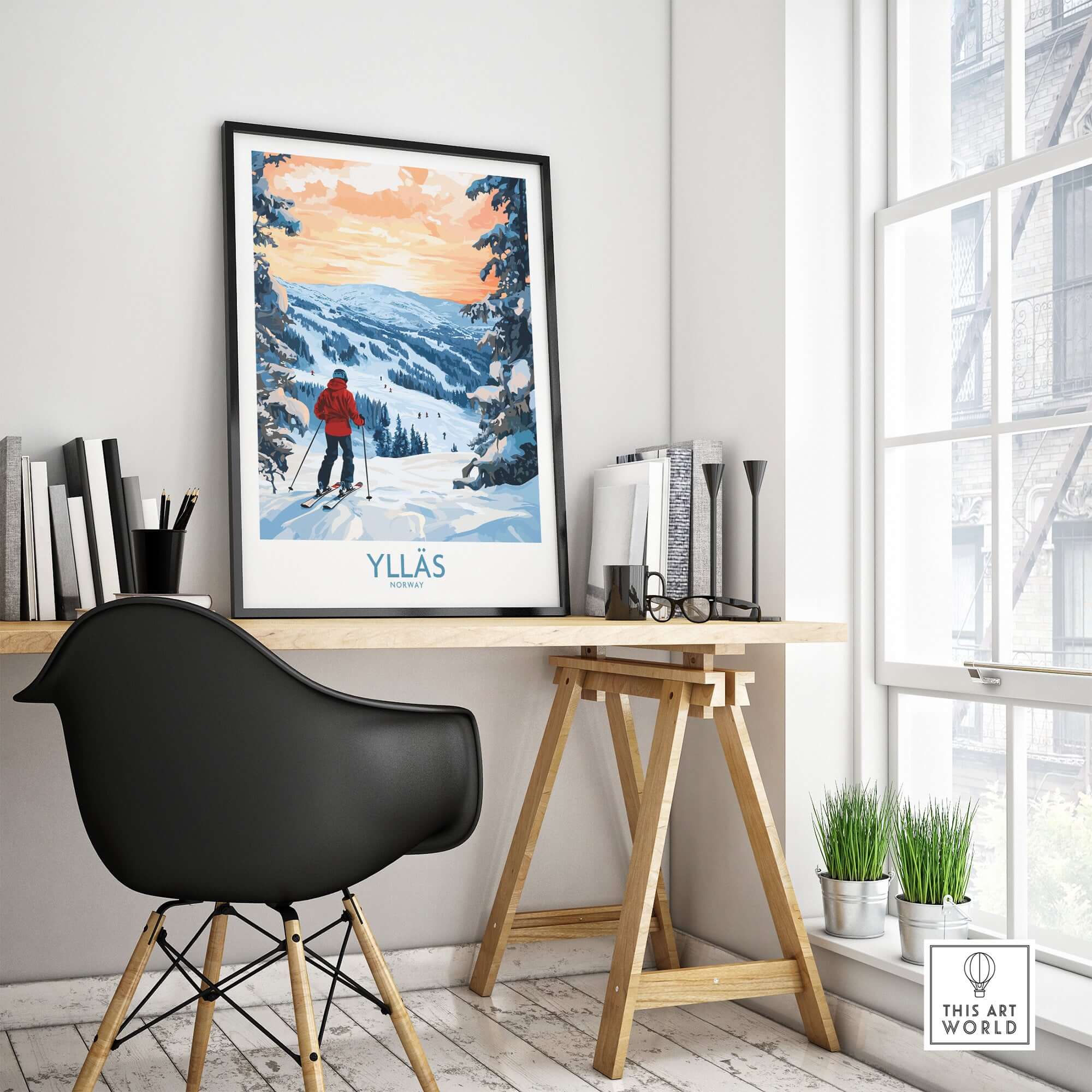 Ylläs Norway wall art featuring a skier on snowy slopes, perfect for winter adventure lovers.