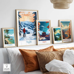 Ylläs Norway wall art featuring a skier on snowy slopes, surrounded by travel-themed illustrations.