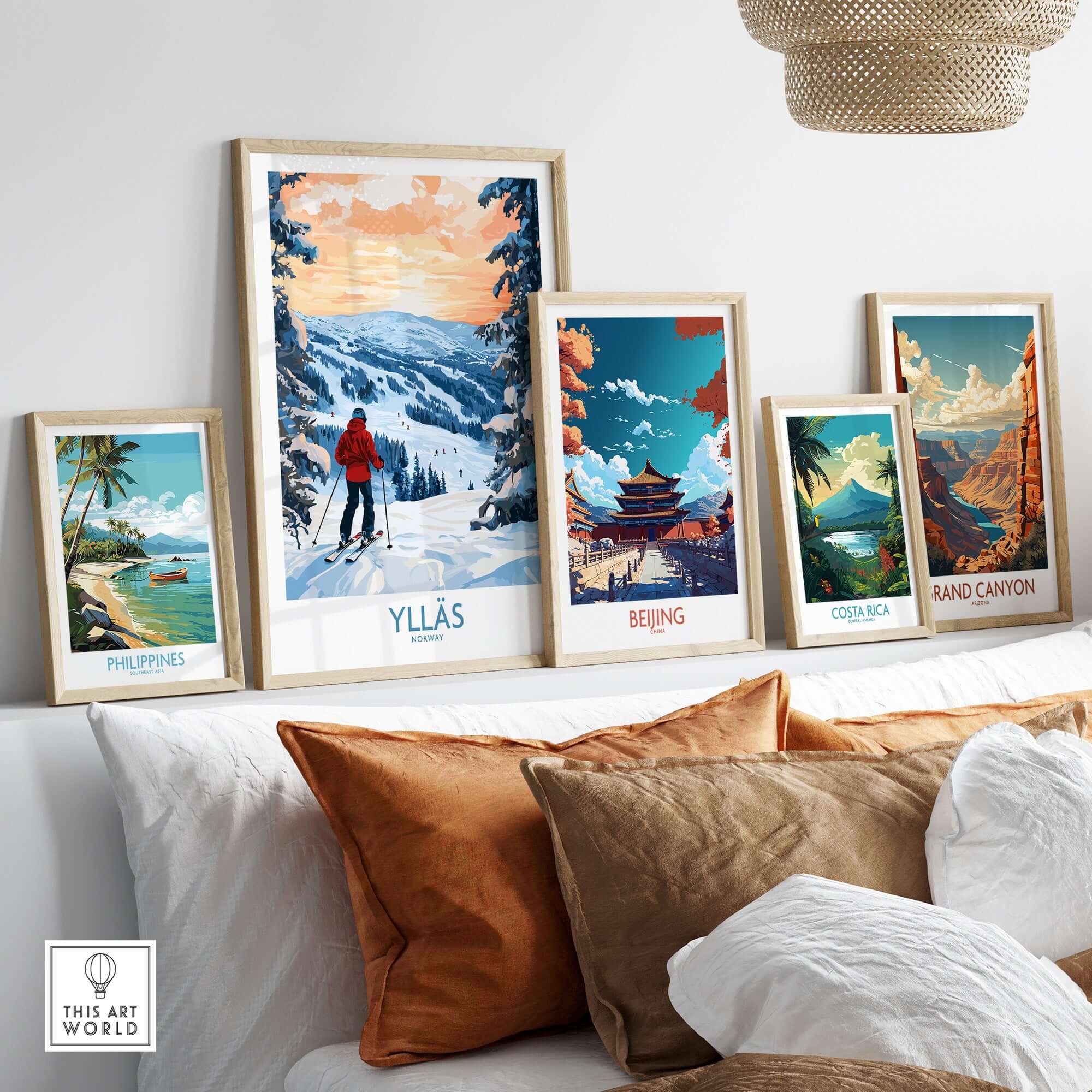 Ylläs Norway wall art featuring a skier on snowy slopes, surrounded by travel-themed illustrations.