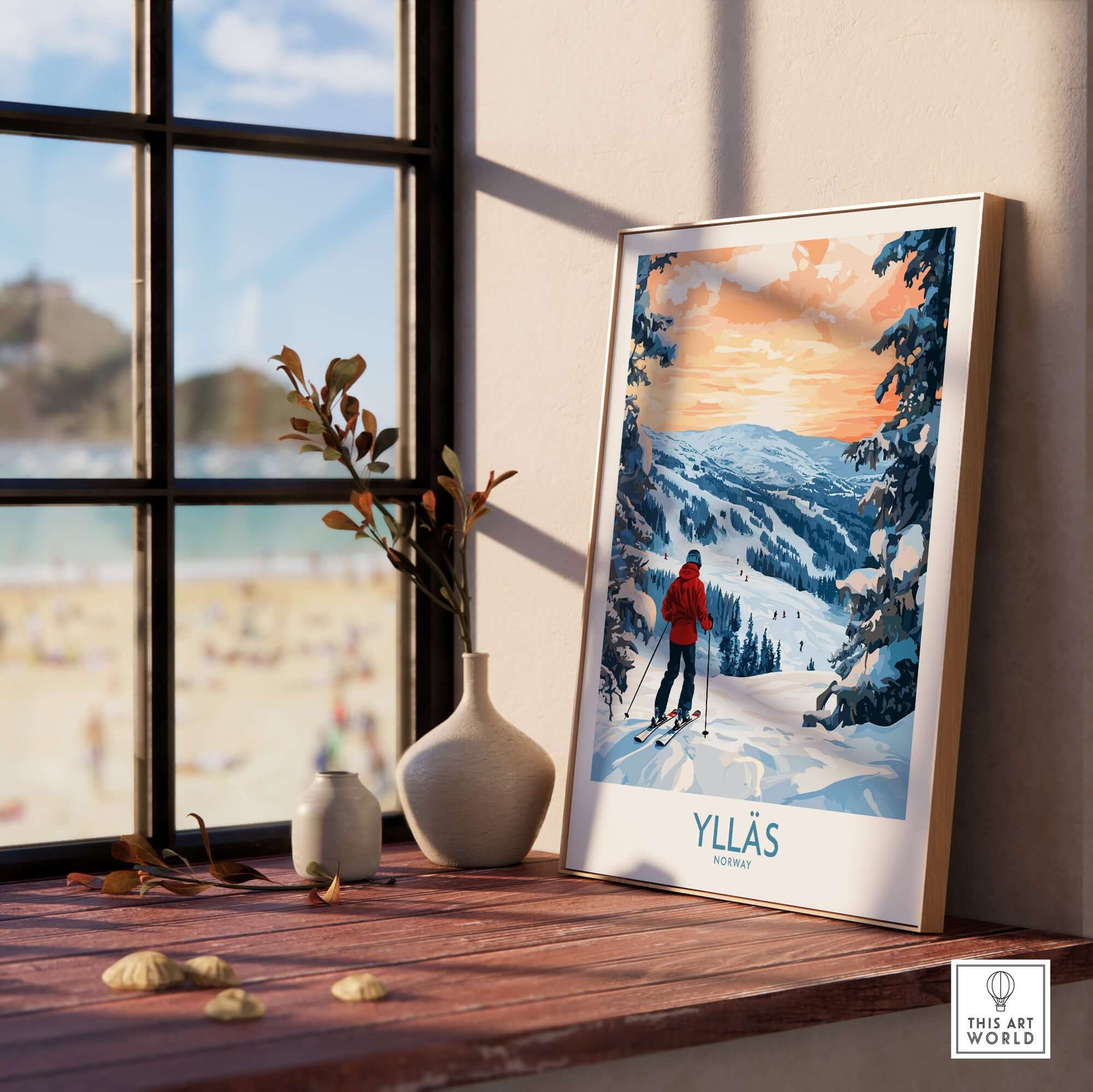 Ylläs Norway wall art featuring a skier on snowy slopes with a serene mountain backdrop and warm sunset colors.