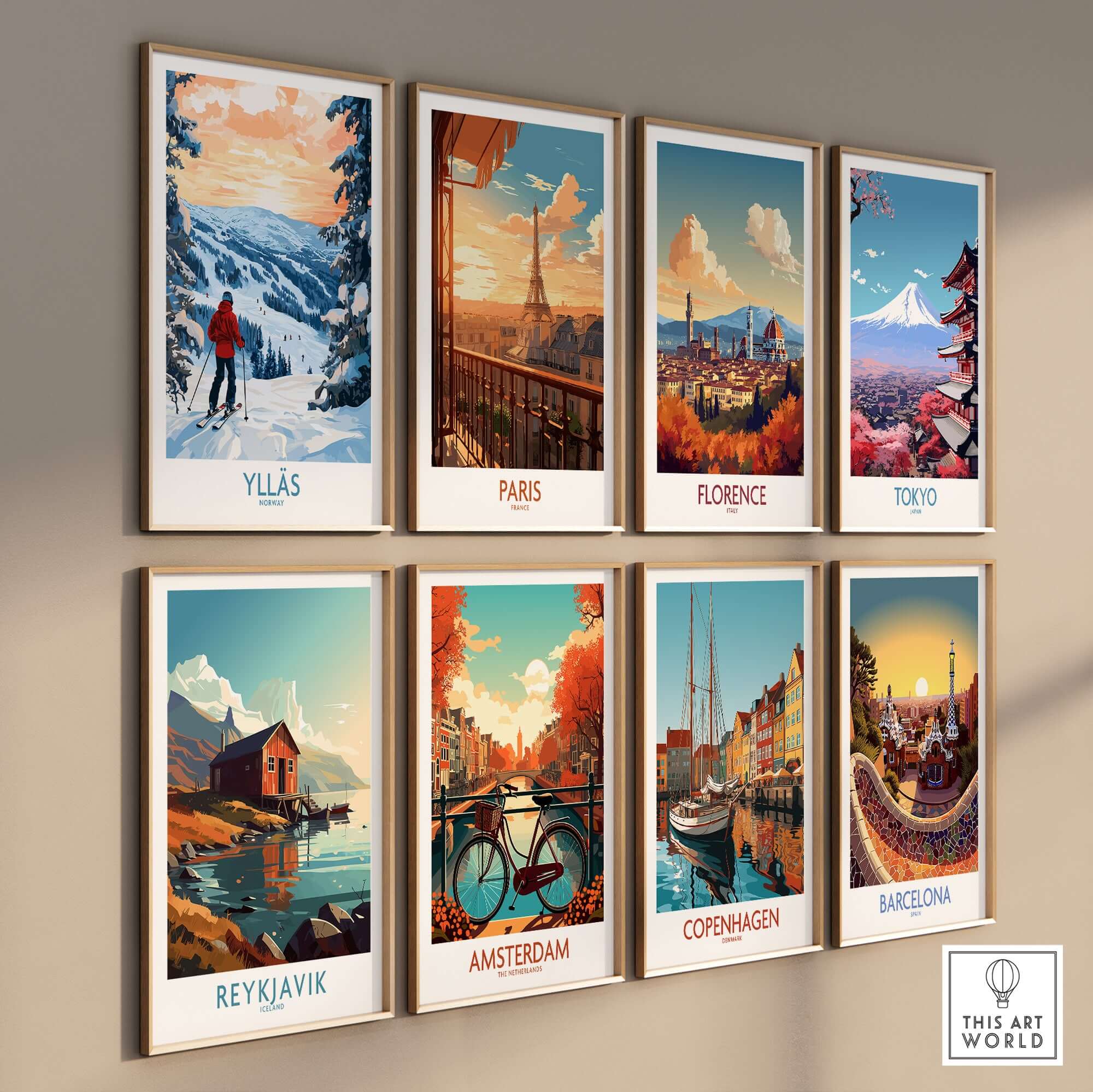 Gallery of vibrant travel wall art featuring Ylläs, Paris, Florence, Tokyo, Reykjavik, Amsterdam, Copenhagen, and Barcelona.