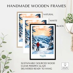 Handmade wooden frames for Ylläs Norway wall art, showcasing natural, white, and black finishes ready to hang.