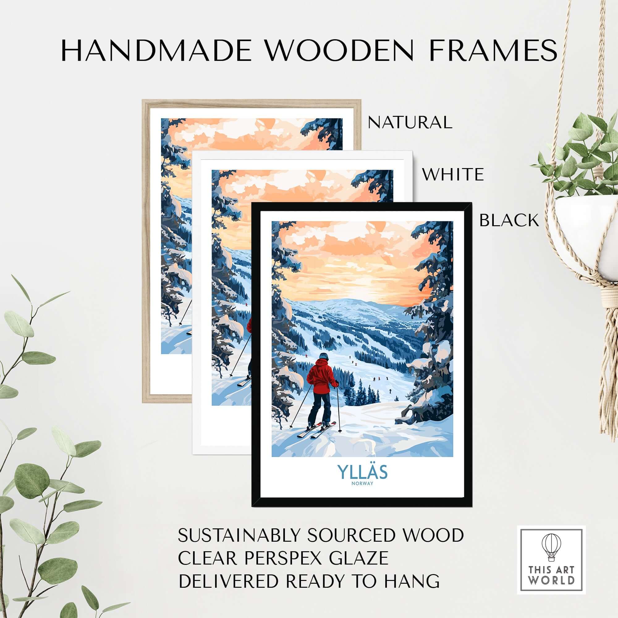 Handmade wooden frames for Ylläs Norway wall art, showcasing natural, white, and black finishes ready to hang.