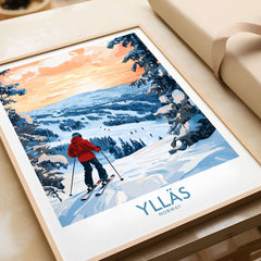 Ylläs Norway wall art featuring a skier enjoying snowy slopes with a beautiful sunset backdrop.