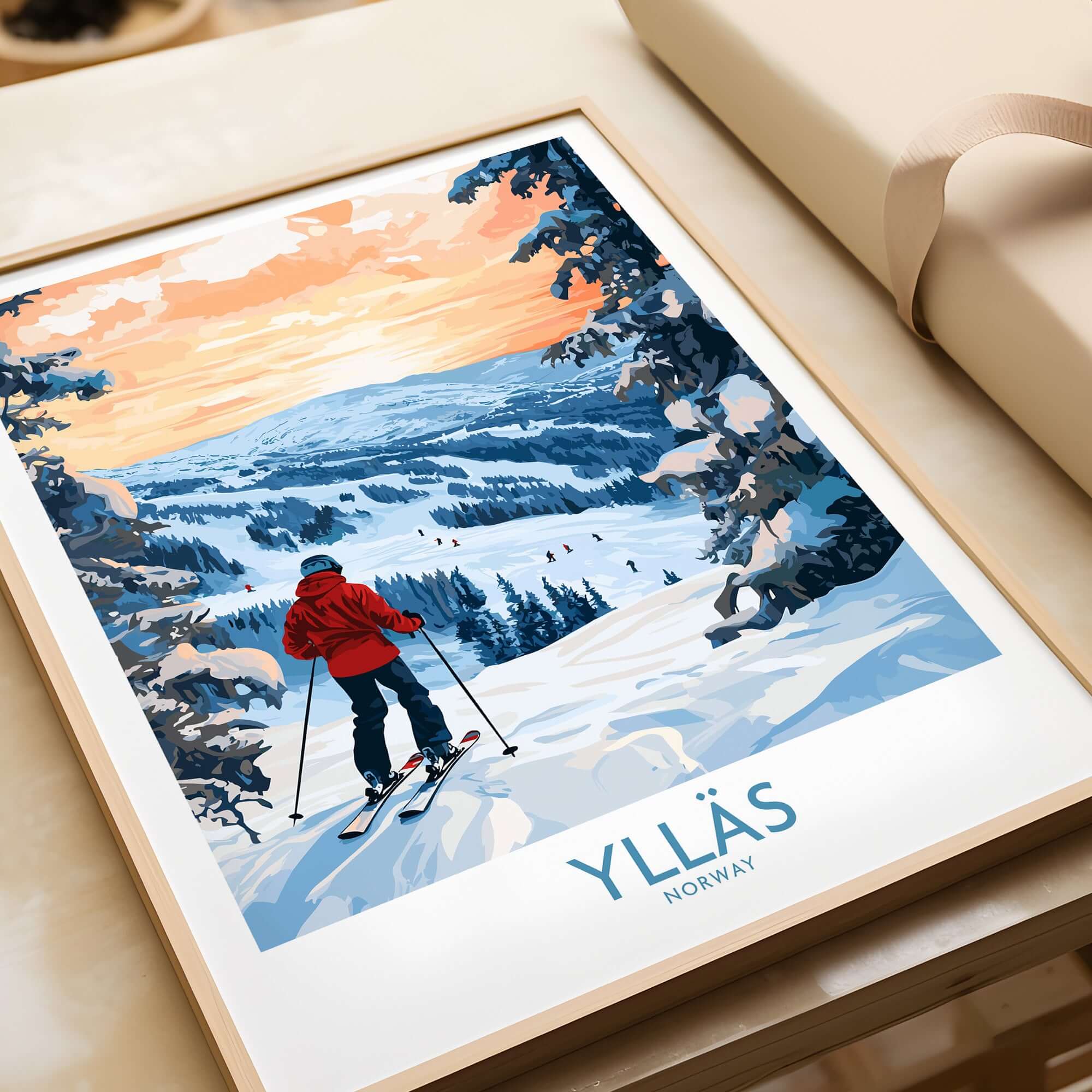 Ylläs Norway wall art featuring a skier enjoying snowy slopes with a beautiful sunset backdrop.
