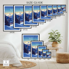 Size guide for Ylläs Ski Lift Poster prints in various dimensions, showcasing winter travel art.