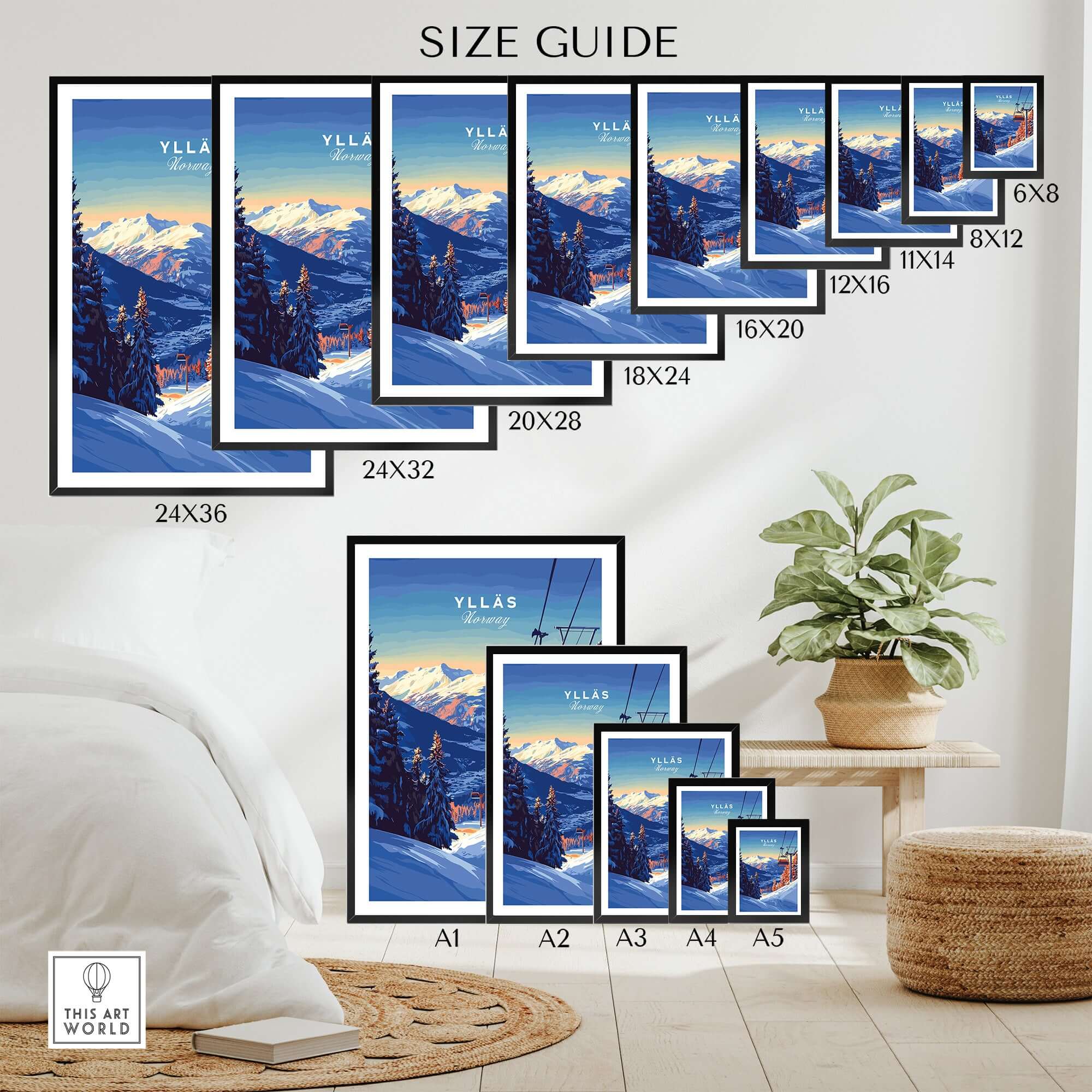 Size guide for Ylläs Ski Lift Poster prints in various dimensions, showcasing winter travel art.