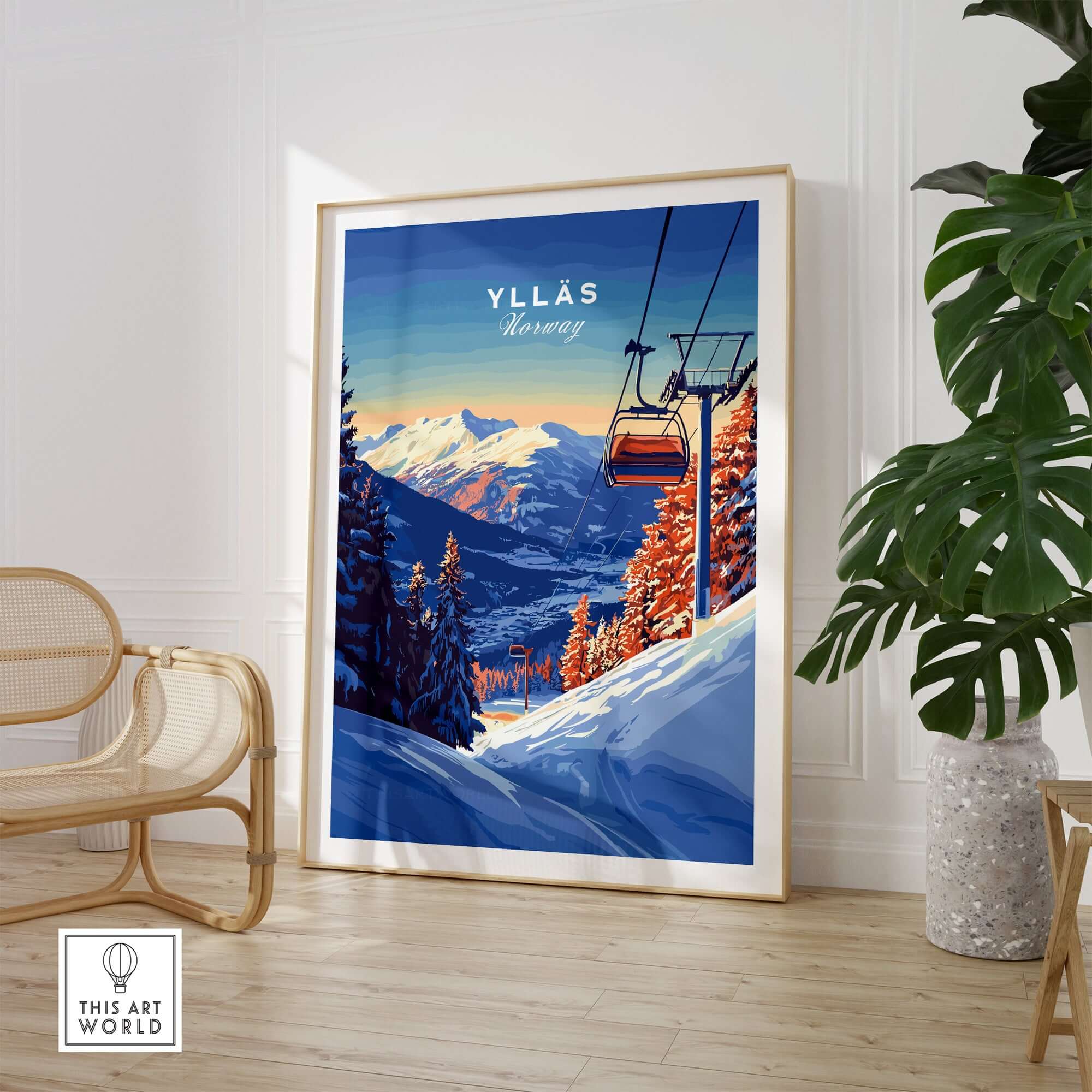 Ylläs Ski Lift poster featuring snowy mountains and a ski lift at sunset, perfect for winter travel art in Norway.