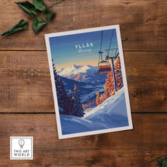 Ylläs ski lift poster featuring stunning snow-covered mountains and sunset in Norway, perfect for winter travel art.