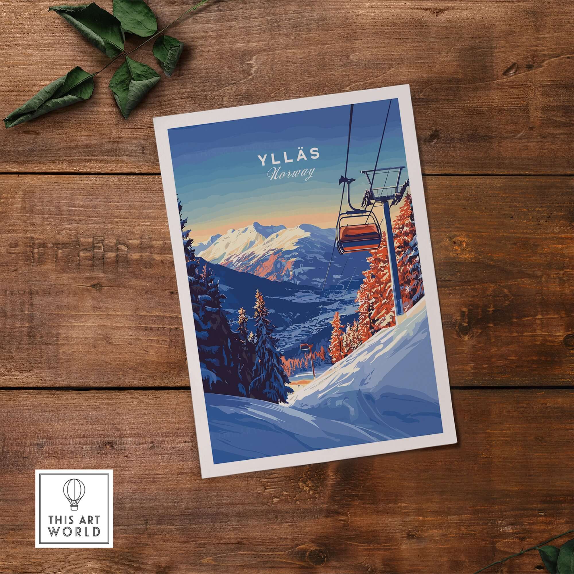 Ylläs ski lift poster featuring stunning snow-covered mountains and sunset in Norway, perfect for winter travel art.