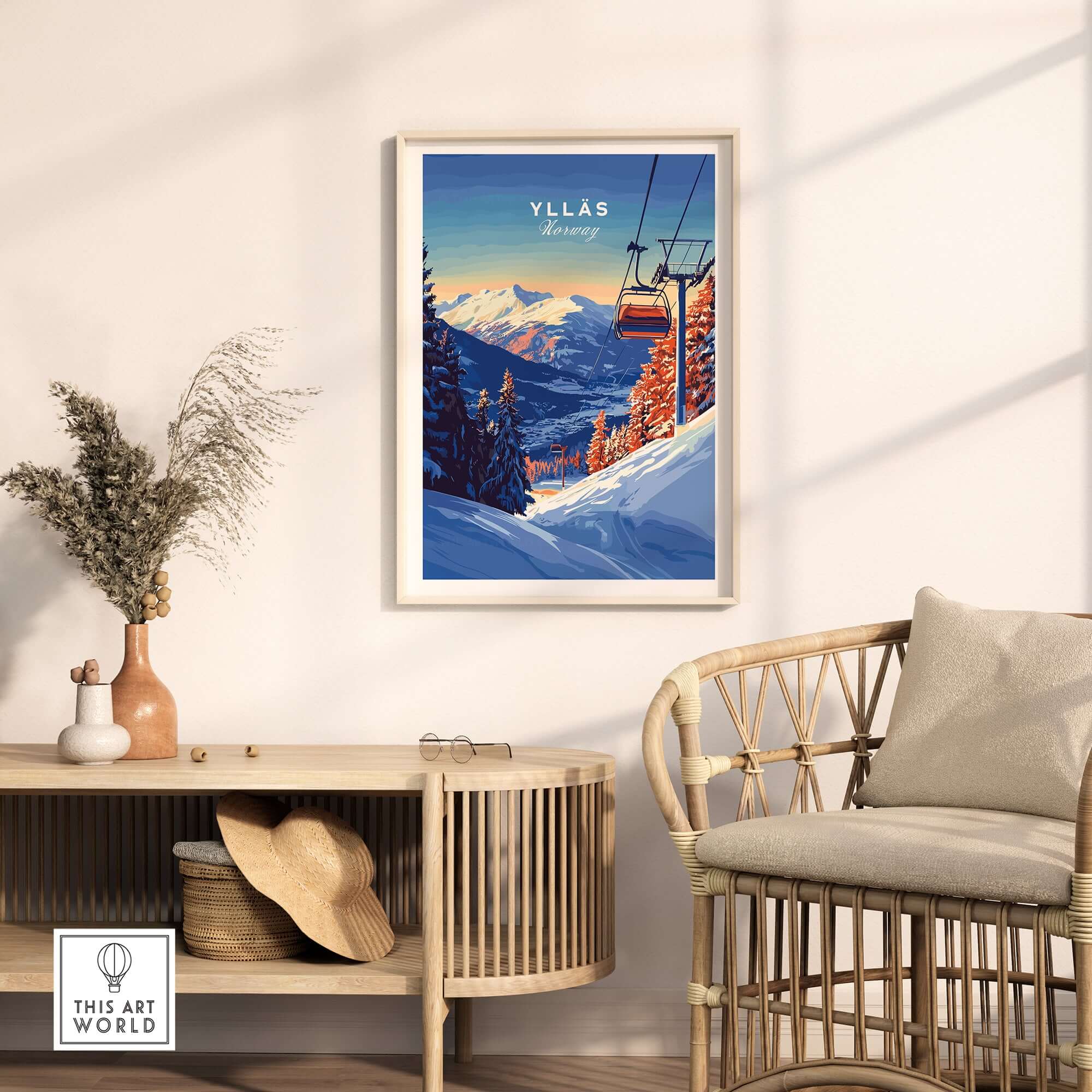Ylläs ski lift poster showcasing a snowy mountain landscape, perfect for winter travel art lovers.