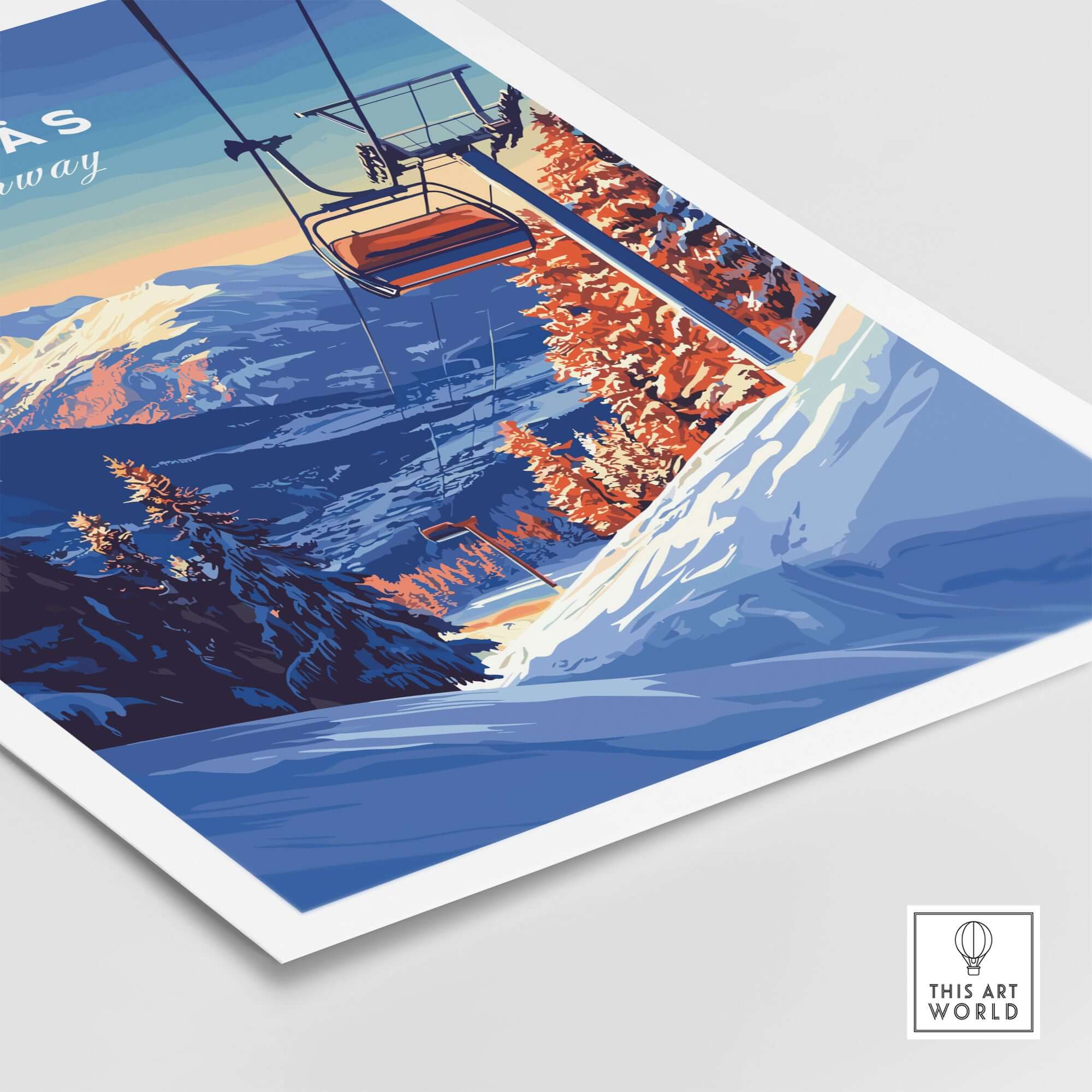 Ylläs ski lift poster showcasing a stunning winter scene in Norway with snow-covered mountains and vibrant sunset.