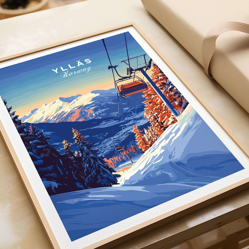 Ylläs Ski Lift Poster showcasing a ski lift, snow-covered mountains, and vibrant sunset colors, perfect for winter travel art.