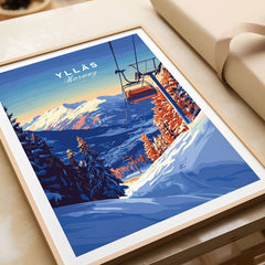 Ylläs Ski Lift Poster showcasing a ski lift, snow-covered mountains, and vibrant sunset colors, perfect for winter travel art.