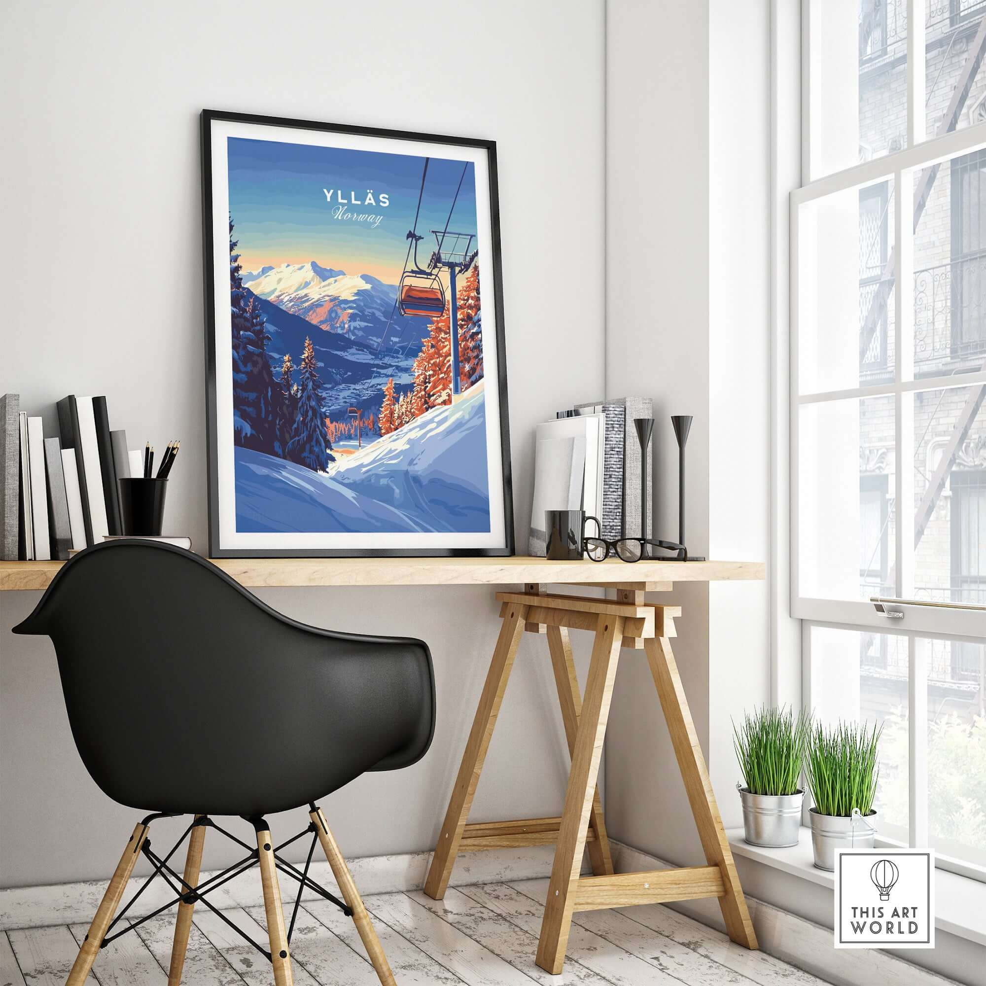 Ylläs Ski Lift poster in a modern room, featuring snowy mountains at sunset, perfect for winter travel art lovers.