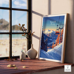 Ylläs Ski Lift poster framed on a wooden table, showcasing Norway's stunning mountains and ski lift in winter art style.