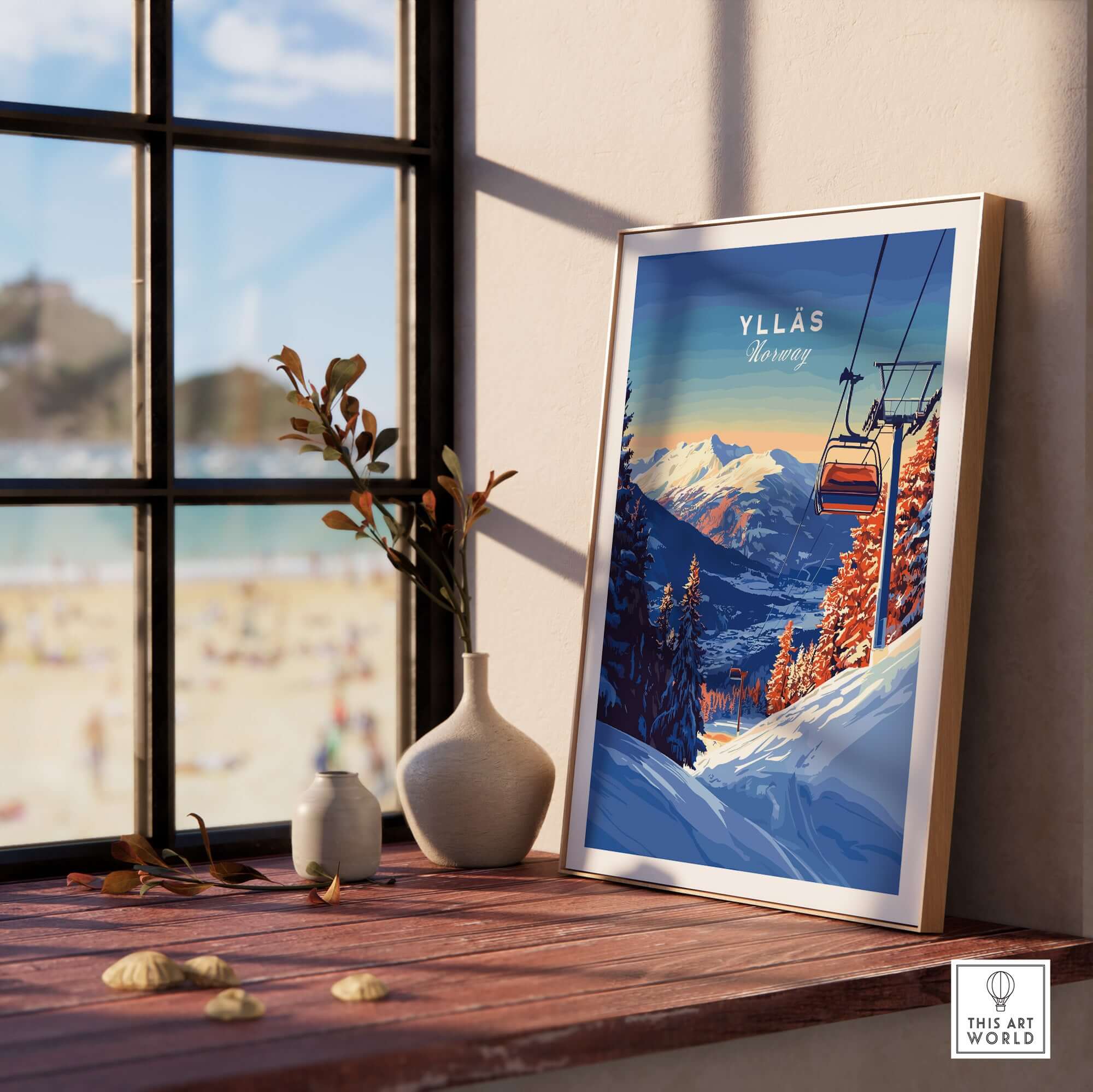 Ylläs Ski Lift poster framed on a wooden table, showcasing Norway's stunning mountains and ski lift in winter art style.
