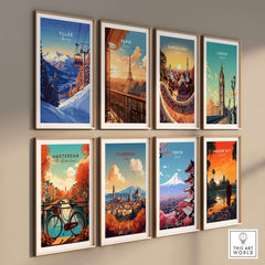 Collection of vibrant travel posters including Ylläs, Paris, Barcelona, and more, showcasing iconic landmarks and scenic views.