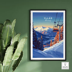 Ylläs ski lift poster featuring snow-covered mountains and sunset, perfect for winter travel art in Norway.