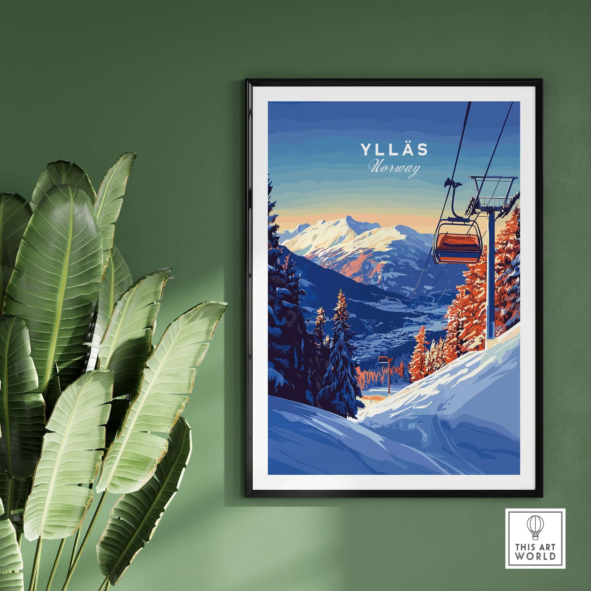 Ylläs ski lift poster featuring snow-covered mountains and sunset, perfect for winter travel art in Norway.