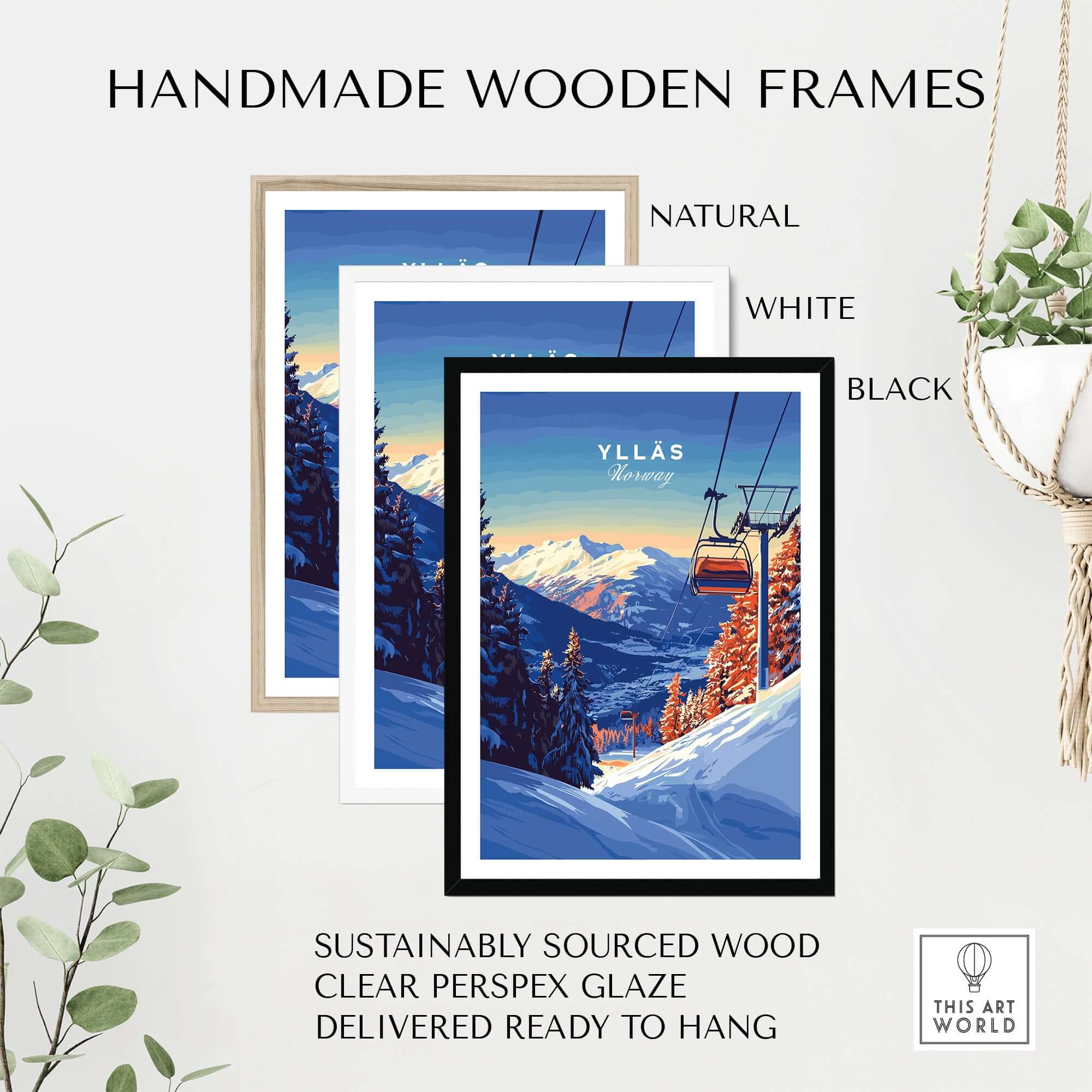 Handmade wooden frames in natural, white, and black for Ylläs ski lift poster, ready to hang.