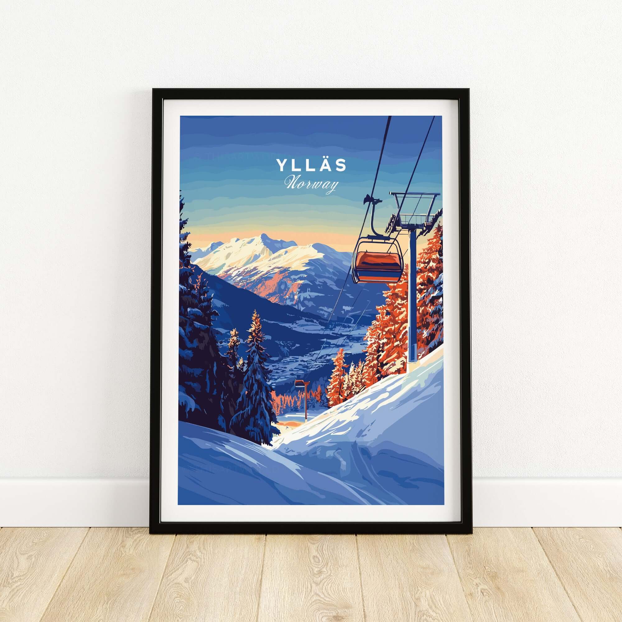 Ylläs Ski Lift Poster featuring snow-covered mountains and ski lift in Norway, perfect winter travel art for ski enthusiasts.