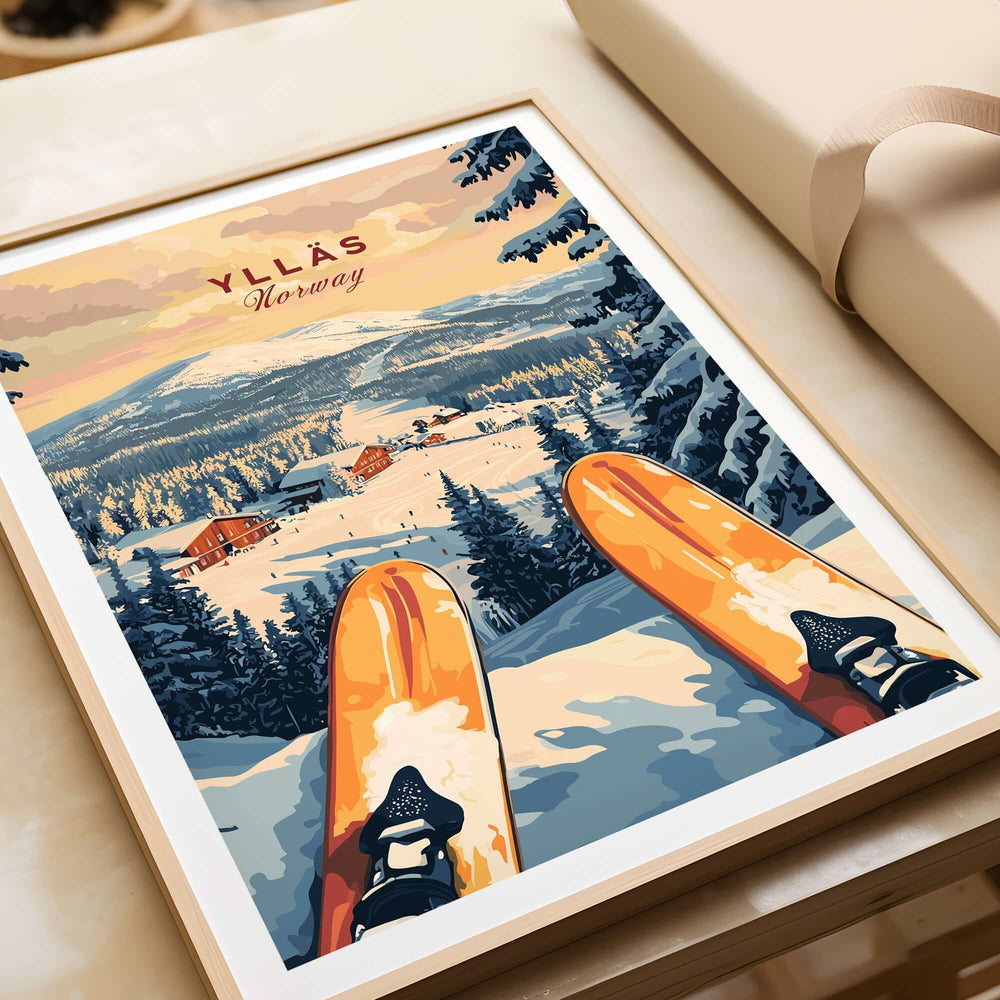 Ylläs Ski Resort print featuring skiers, snow-covered trees, and cozy cabins in a winter landscape, Norway.