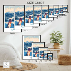 Ylläs Winter Poster size guide showcasing various framed sizes for the snowy skiing view artwork.