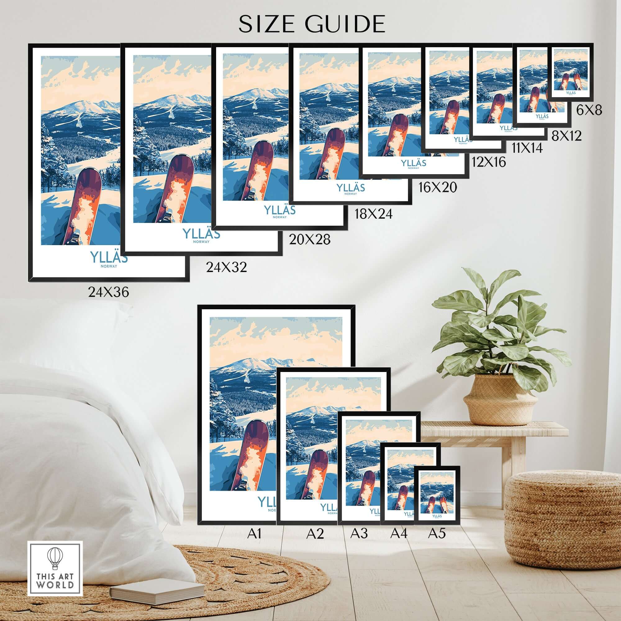 Ylläs Winter Poster size guide showcasing various framed sizes for the snowy skiing view artwork.