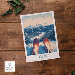 Ylläs winter poster featuring a scenic ski slope view with skis pointed downhill, showcasing snowy landscapes in Norway.