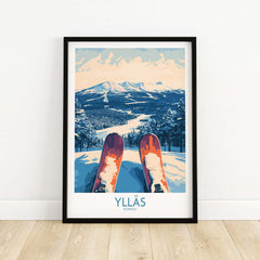 Ylläs winter poster featuring skis with a snowy mountain view, capturing the top skiing perspective in Norway.