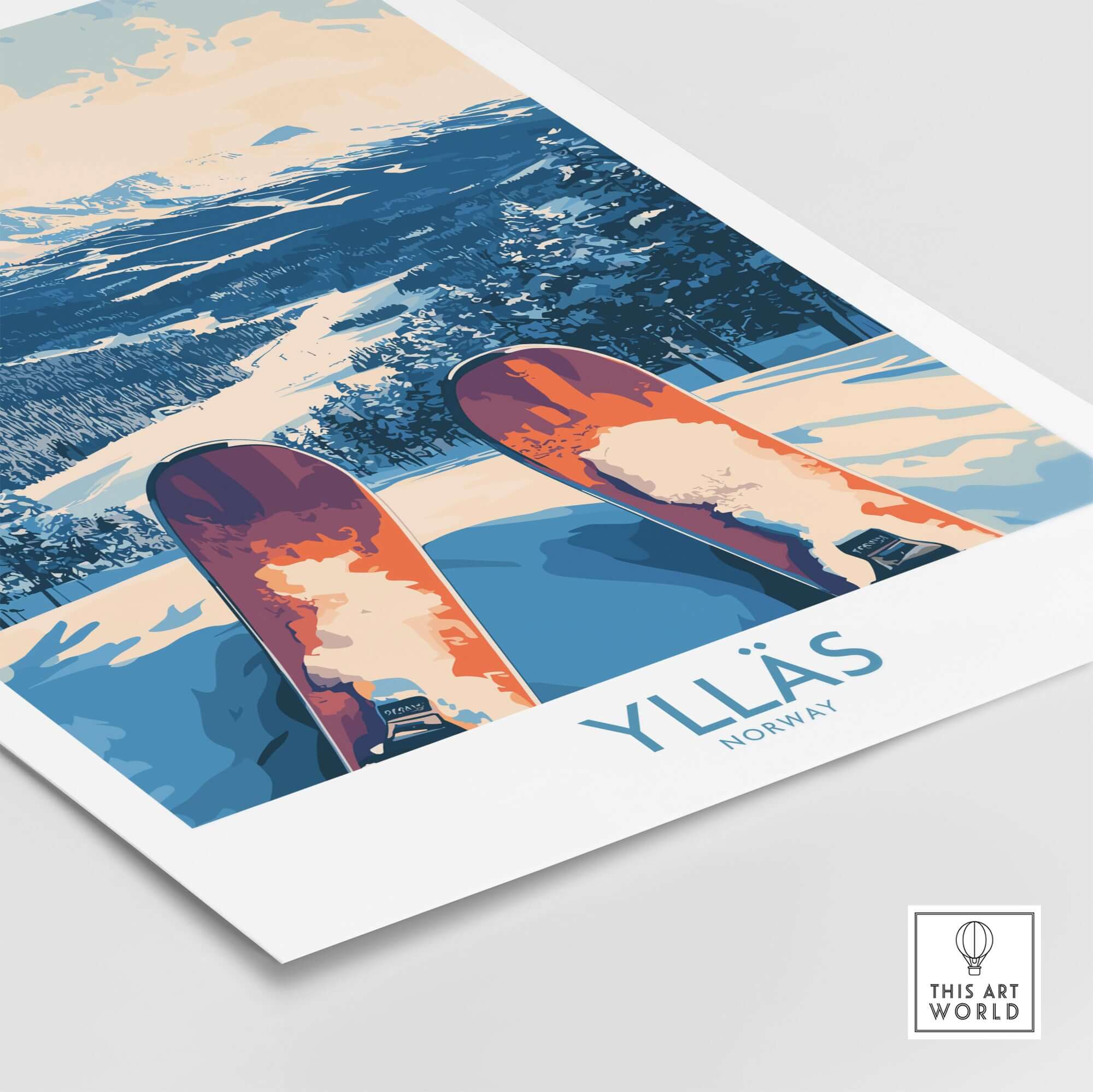 Ylläs winter poster showcasing a skiing view from the top of slopes, vibrant colors, and snow-covered mountains.