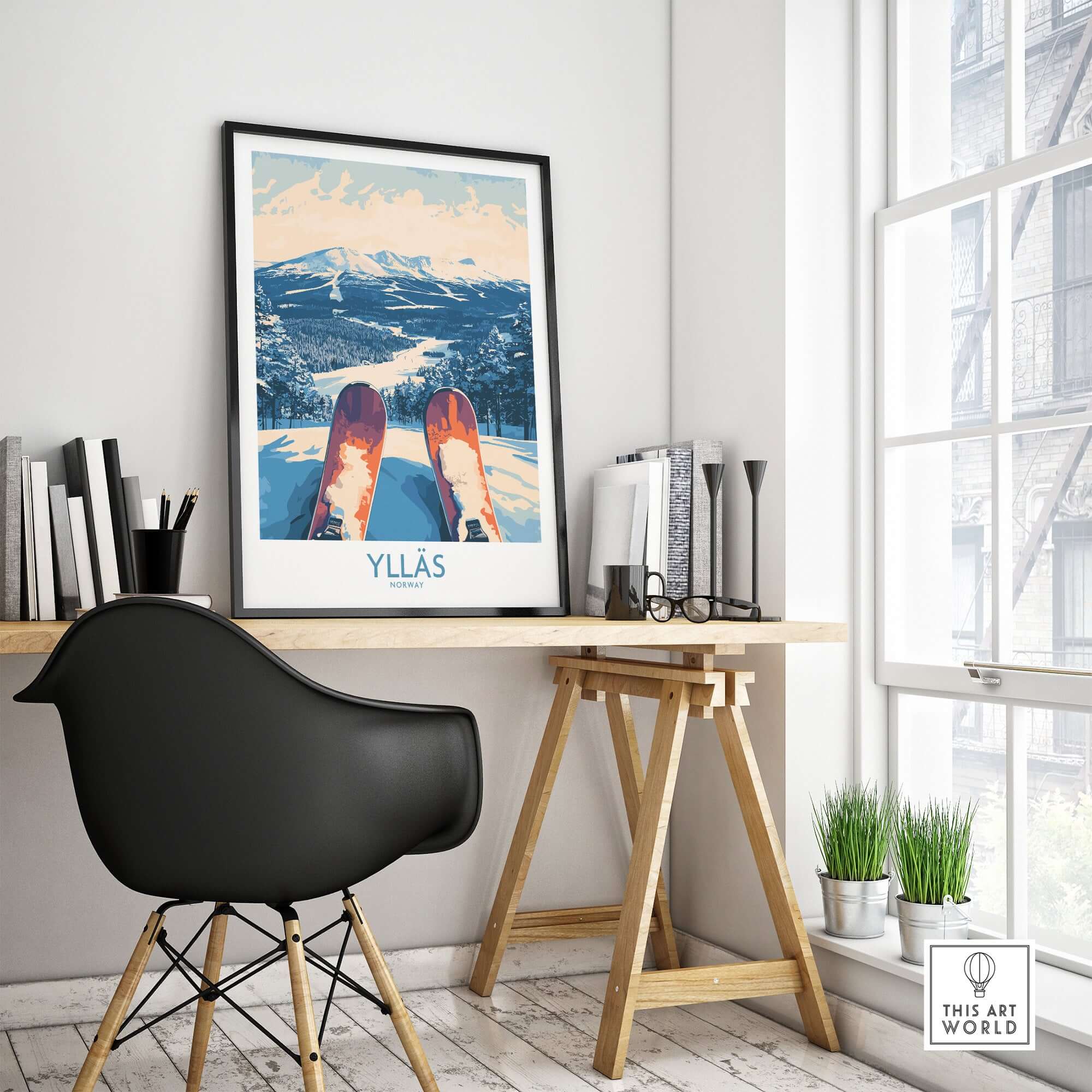 Ylläs winter poster showcasing a skiing view from the slopes, perfect decor for winter enthusiasts.