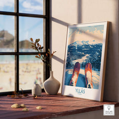 Ylläs winter poster depicting skiing view from the slopes with skis in foreground, enhancing winter spirit and adventure.