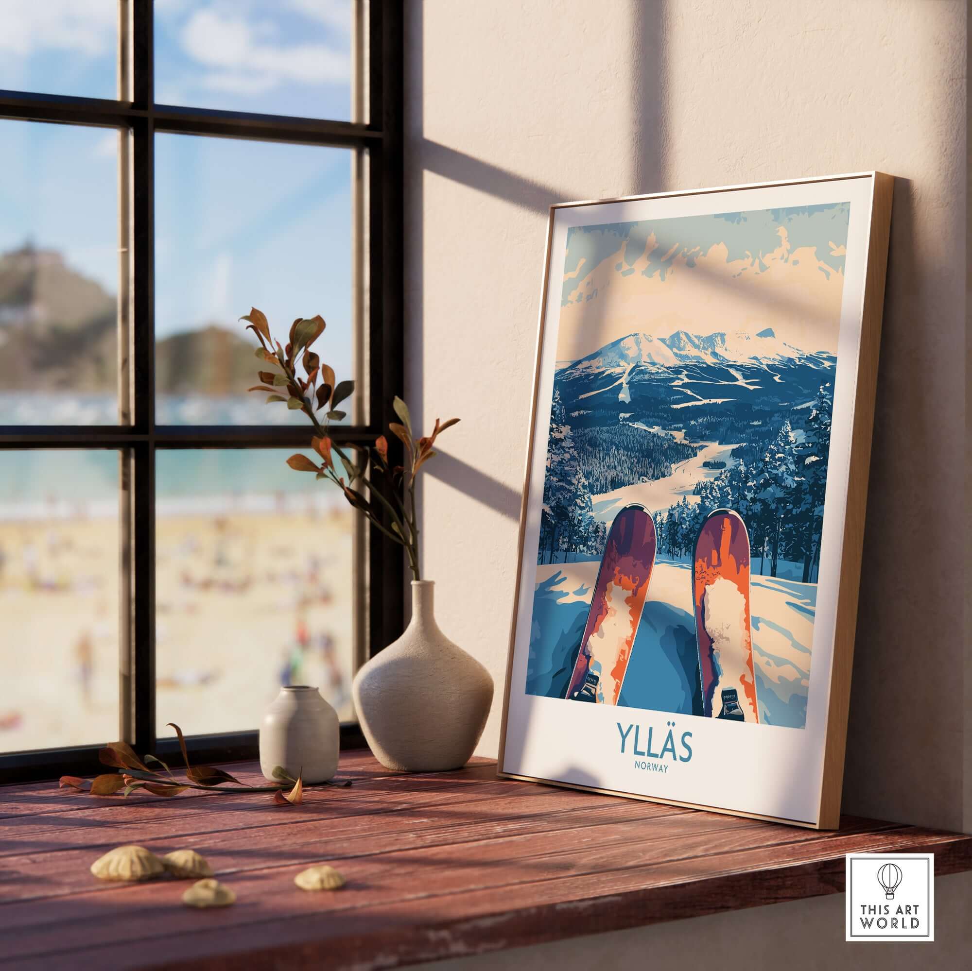 Ylläs winter poster depicting skiing view from the slopes with skis in foreground, enhancing winter spirit and adventure.