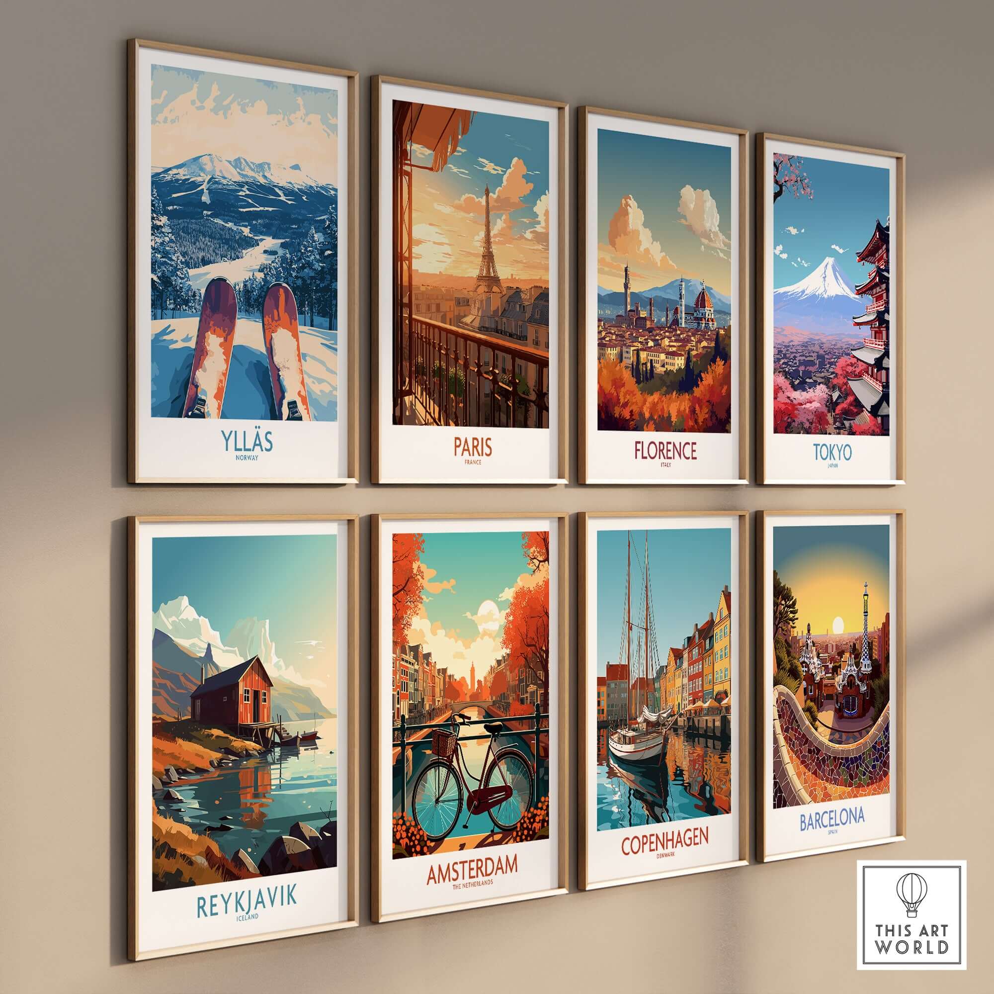 Gallery of vibrant city posters including Ylläs, Paris, Florence, and Tokyo showcasing scenic views.