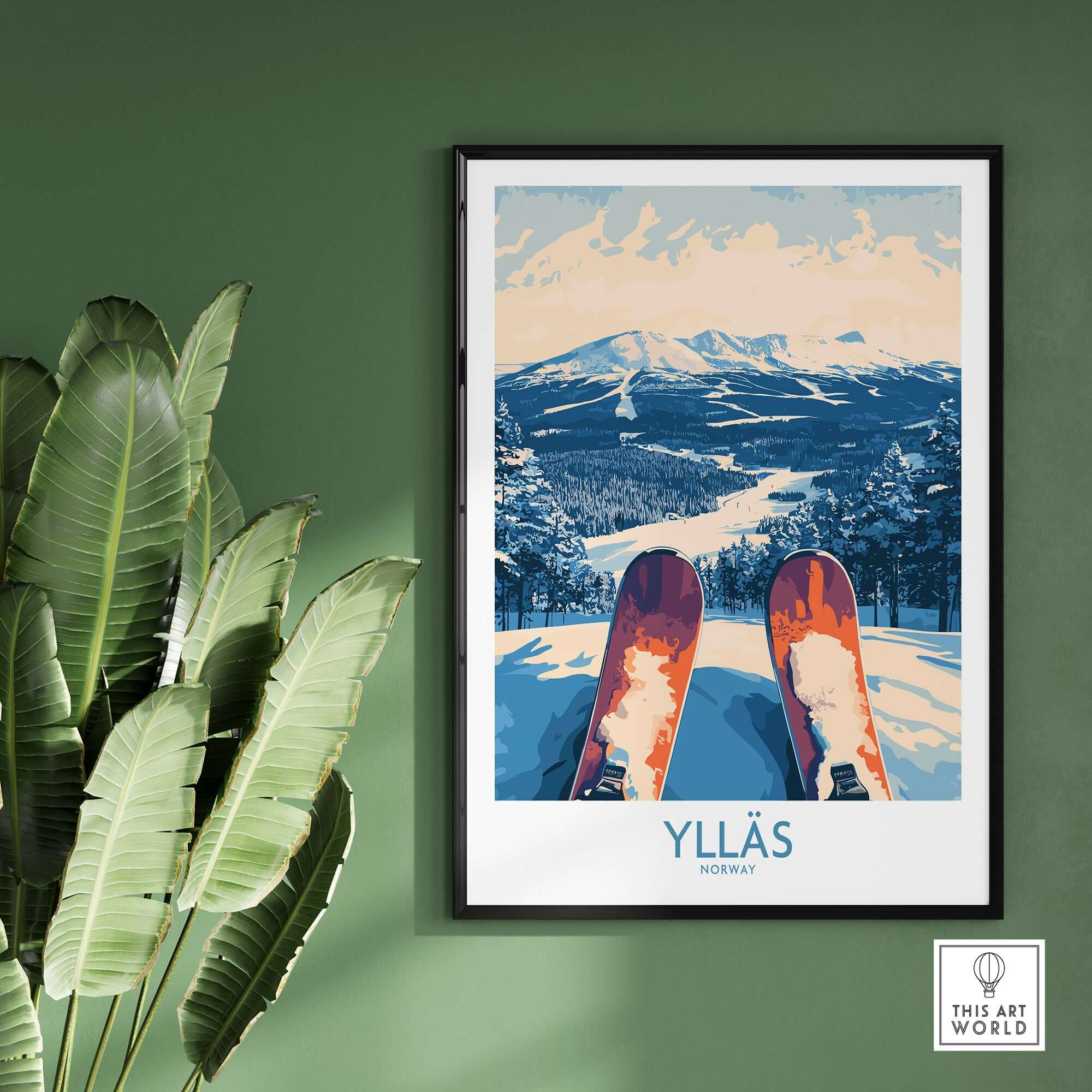Ylläs winter poster showcasing a skiing view from the slopes, featuring snow-covered mountains and skis pointed down.