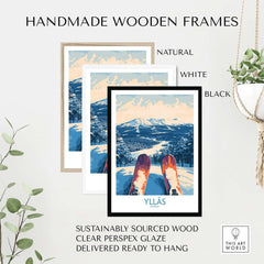Handmade wooden frames in natural, white, and black for Ylläs winter poster, made from sustainably sourced wood.