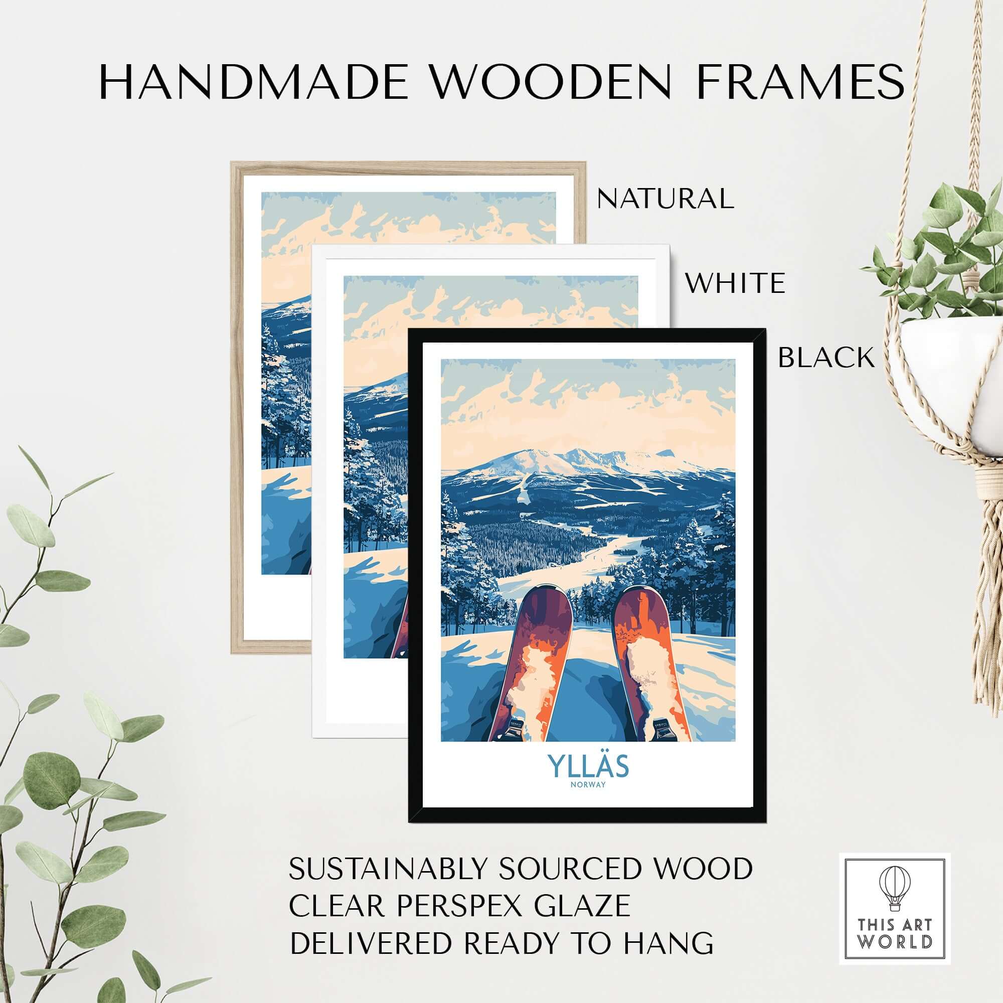 Handmade wooden frames in natural, white, and black for Ylläs winter poster, made from sustainably sourced wood.
