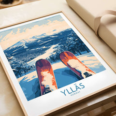 Ylläs winter poster showcasing snowy slopes and skis, capturing the thrill of skiing from the top view in Norway.