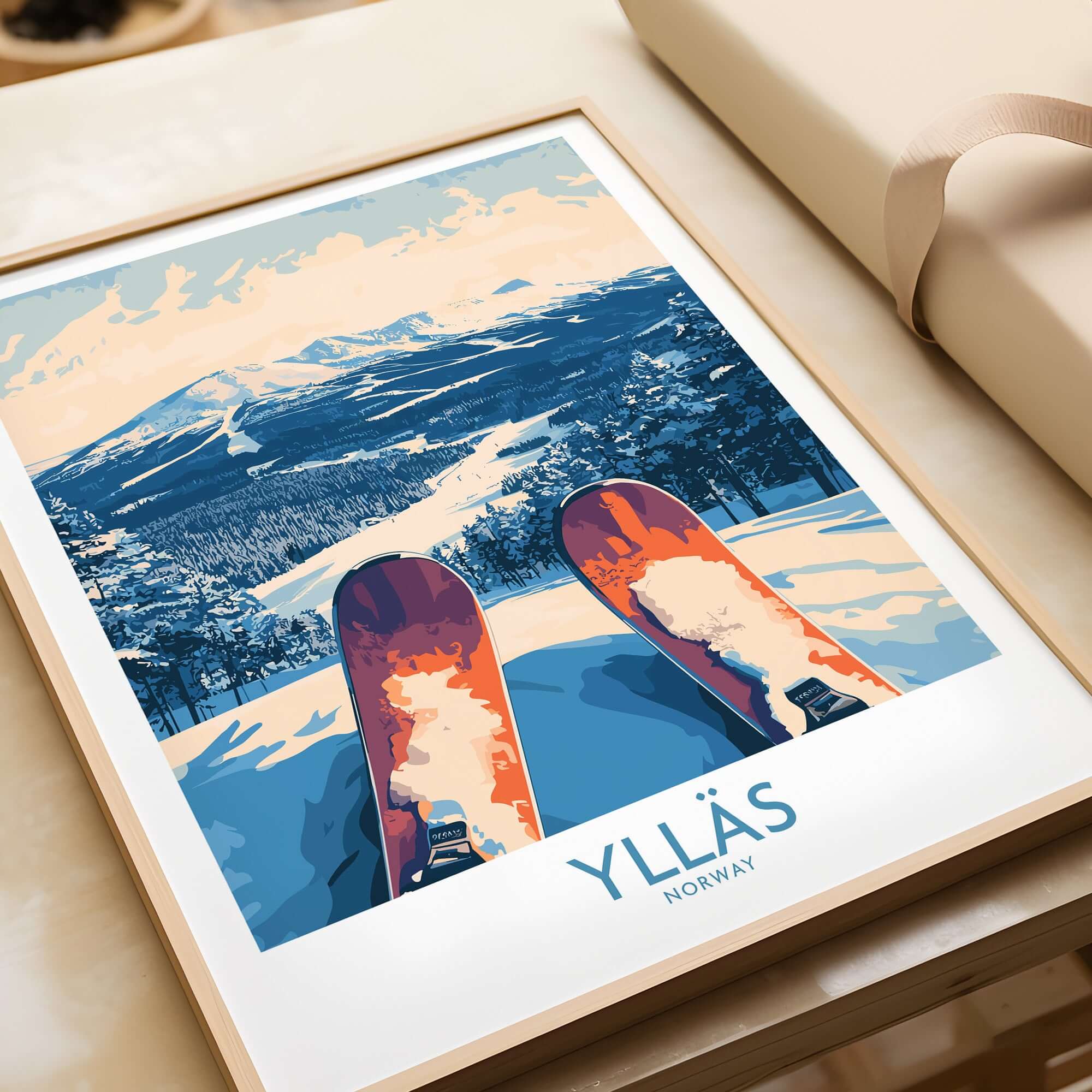 Ylläs winter poster showcasing snowy slopes and skis, capturing the thrill of skiing from the top view in Norway.