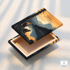 Yoho National Park art print on canvas with bears, lake, and mountains, floating frame detail