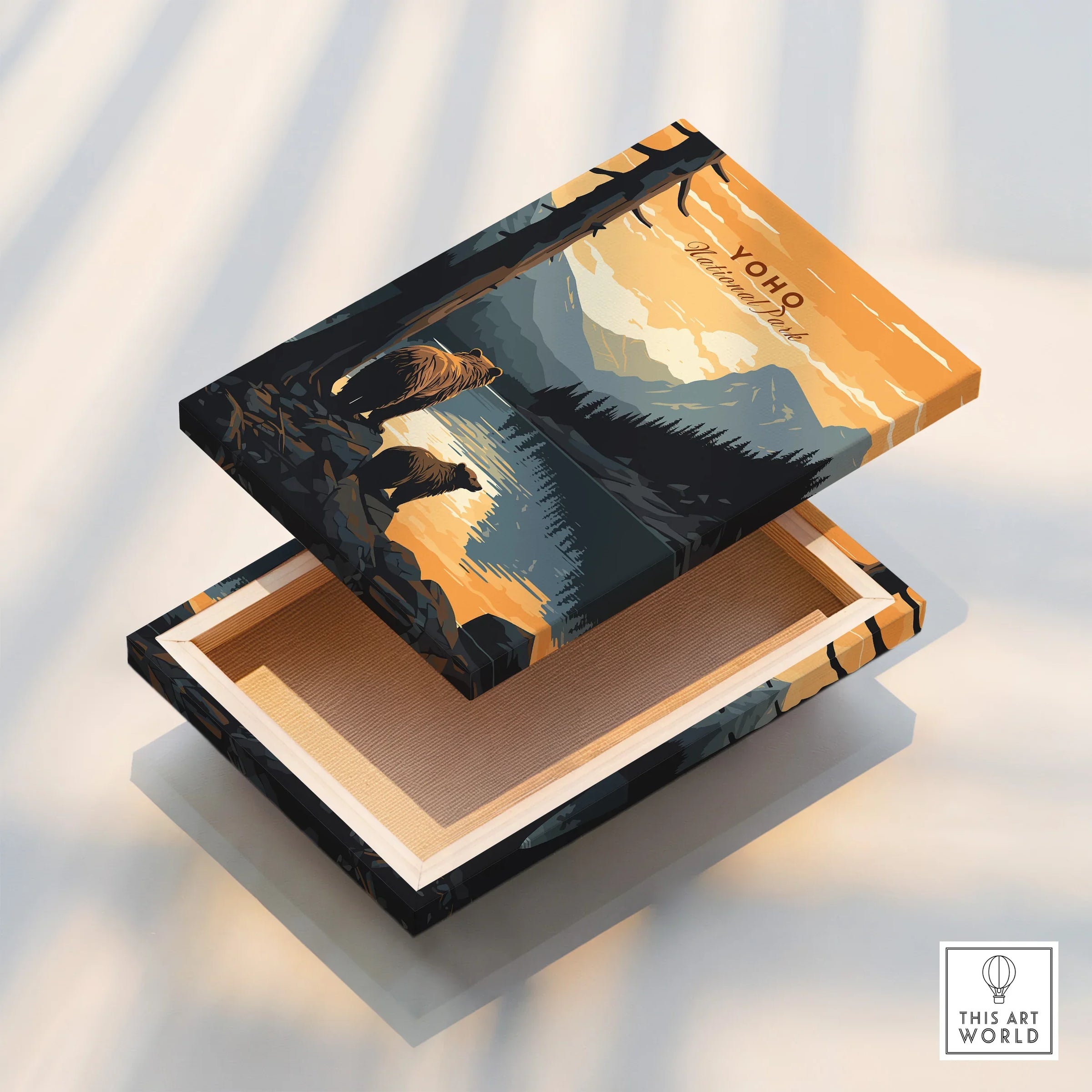 Yoho National Park art print on canvas with bears, lake, and mountains, floating frame detail