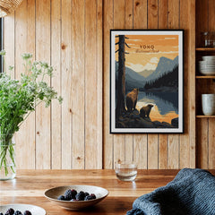 Yoho National Park art print with bears by a lake, framed and hung in cozy kitchen decor