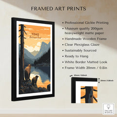 Framed Yoho National Park print with bears, mountains, and lake, museum-quality details