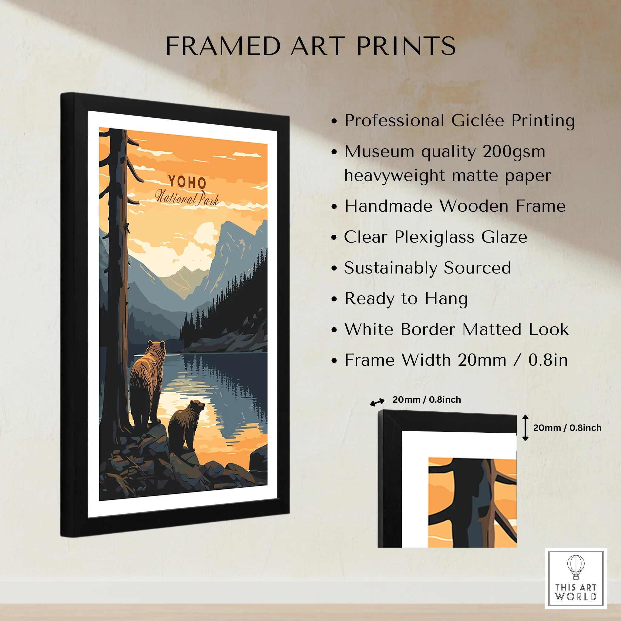 Framed Yoho National Park print with bears, mountains, and lake, museum-quality details