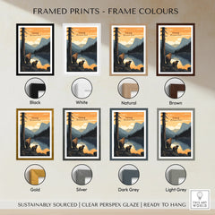 Yoho National Park travel poster print with eight frame color options, featuring a scenic mountain lake landscape and bears.