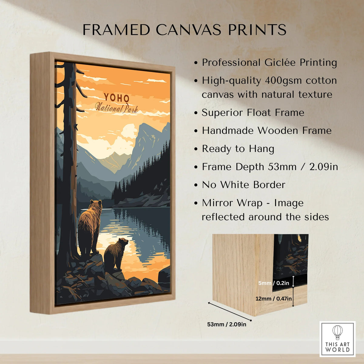 Framed canvas print of Yoho National Park with bears, mountain lake, and wooden float frame