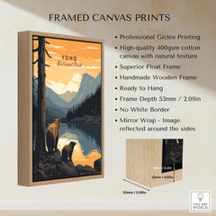 Framed canvas print of Yoho National Park with bears, mountain lake, and wooden float frame